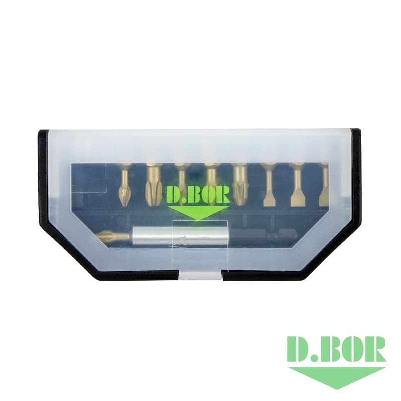 Набор бит TiN-half из 10 шт: Ph 1-2-3; Pz 1-2-3; Sl. 4,0-5,5-6,5; магнитный держатель 60 мм 
(арт. D-SET-10A-1-TIN) "D.BOR"