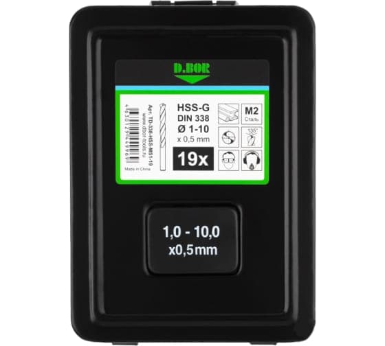 Набор сверл по металлу шлифованные, HSS-G DIN 338 19 шт. (1 - 10 х 0,5 мм) 
(арт. TD-338-HSS-MS1-19) "D.BOR"