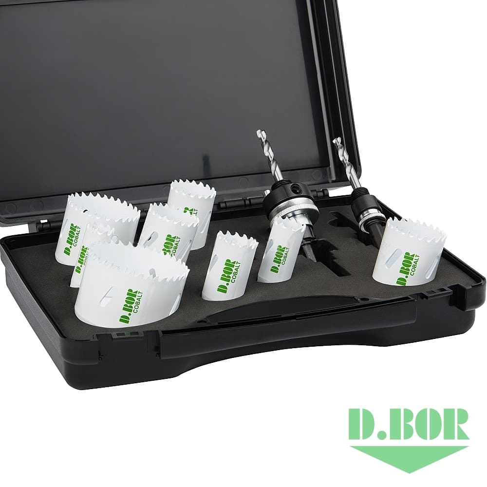 Набор бимет. коронок COBALT, 10 шт. (19, 22, 27, 32, 35, 40, 51, 64, 2 адаптера) 
(арт. HS-BIM-CO-PS10-01) "D.BOR"