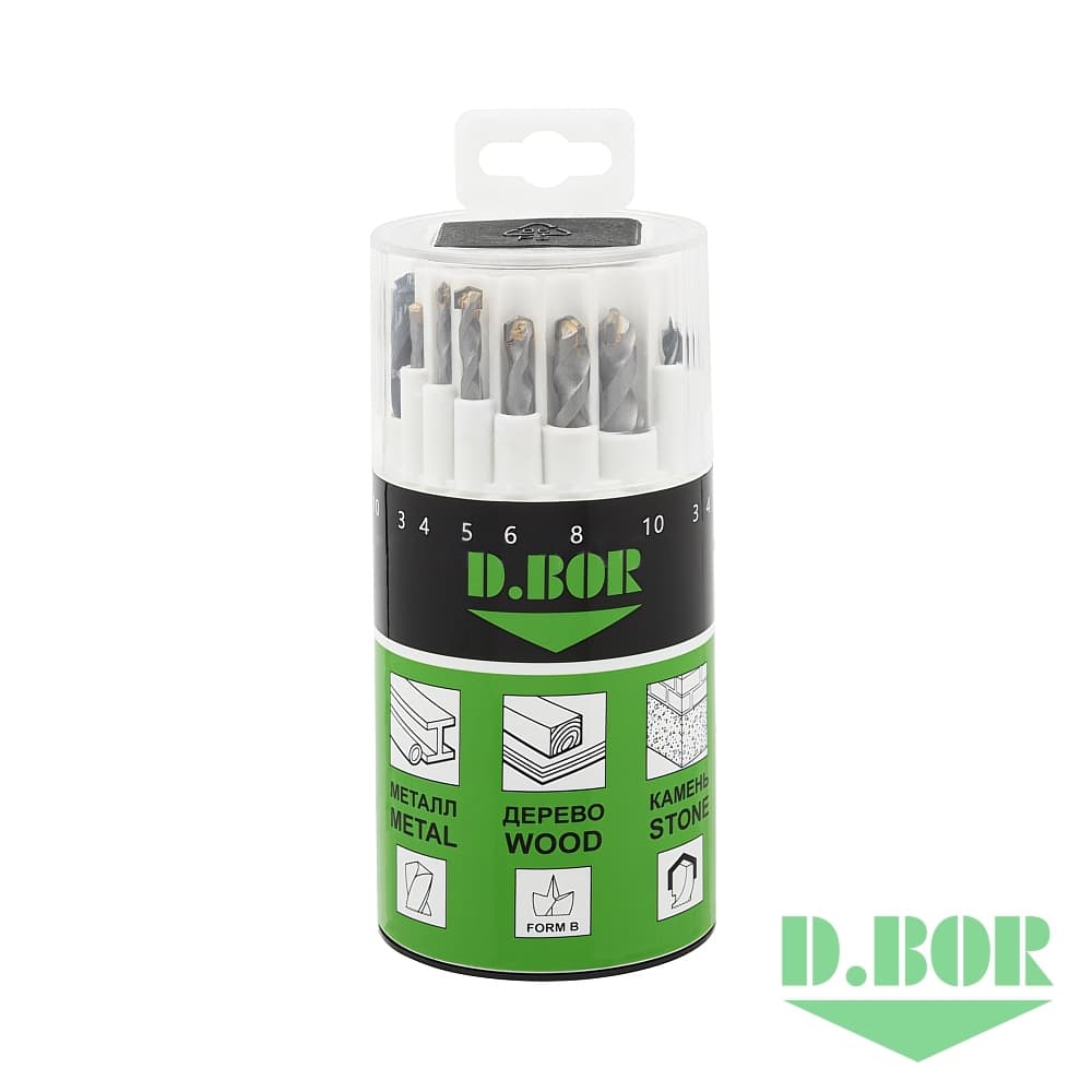 Набор сверл MIX металл, дерево, камень, 18 шт. (3 - 10 мм) (арт. DB-MIX1-PS2-18) "D.BOR"
