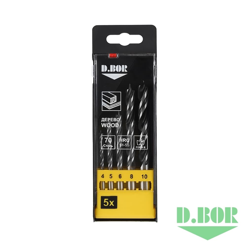 Набор сверл по дереву спиральных, 5 шт. (4 - 10 мм) (арт. DBW1-TW1-C-PS1-05) "D.BOR"