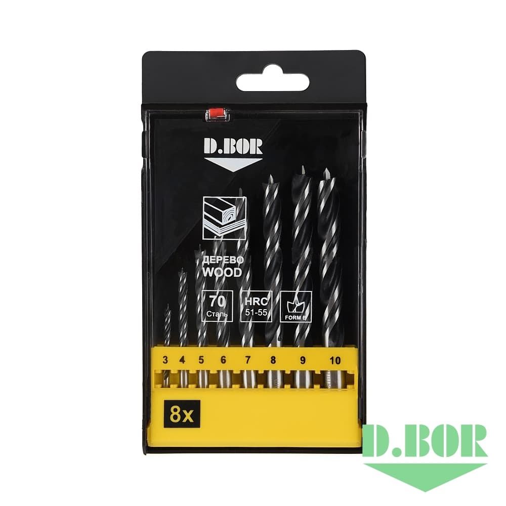Набор сверл по дереву спиральных, 8 шт. (3 - 10 мм) (арт. DBW1-TW1-C-PS1-08) "D.BOR"