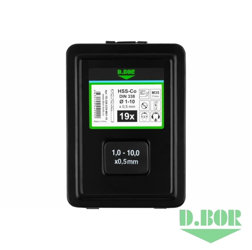 Набор сверл по металлу COBALT 5%, HSS-Co DIN 338 19 шт. (1 - 10 х 0,5 мм) 
(арт. TD-338-CO5-MS1-19) "D.BOR"