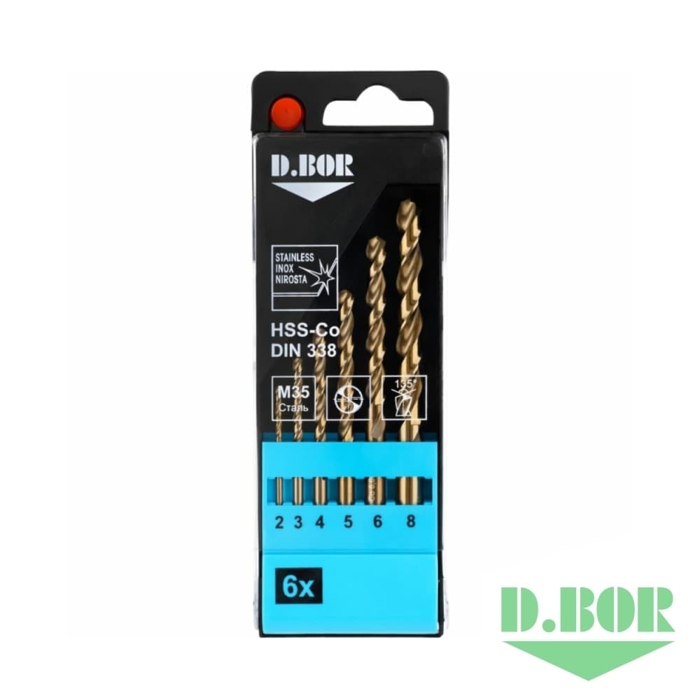Набор сверл по металлу COBALT 5%, HSS-Co DIN 338 6 шт. (2 - 8 мм) 
(арт. TD-338-CO5-PS1-06) "D.BOR"