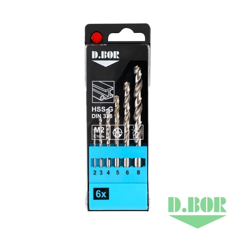 Набор сверл по металлу шлифованные, HSS-G DIN 338 6 шт. (2 - 8 мм) 
(арт. TD-338-HSS-PS1-06) "D.BOR"