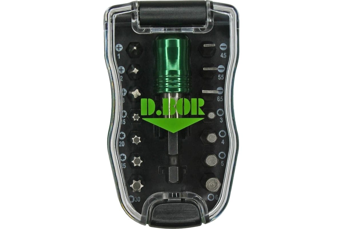 Набор бит из 15 шт: Ph 1-2-3; Sl. 4,5-5,5-6,5; T 15-20-25-30; HEX 3-4-5-6; магнитный держатель QUICK LOCK 60 мм (арт. D-SET-15B-1) "D.BOR"