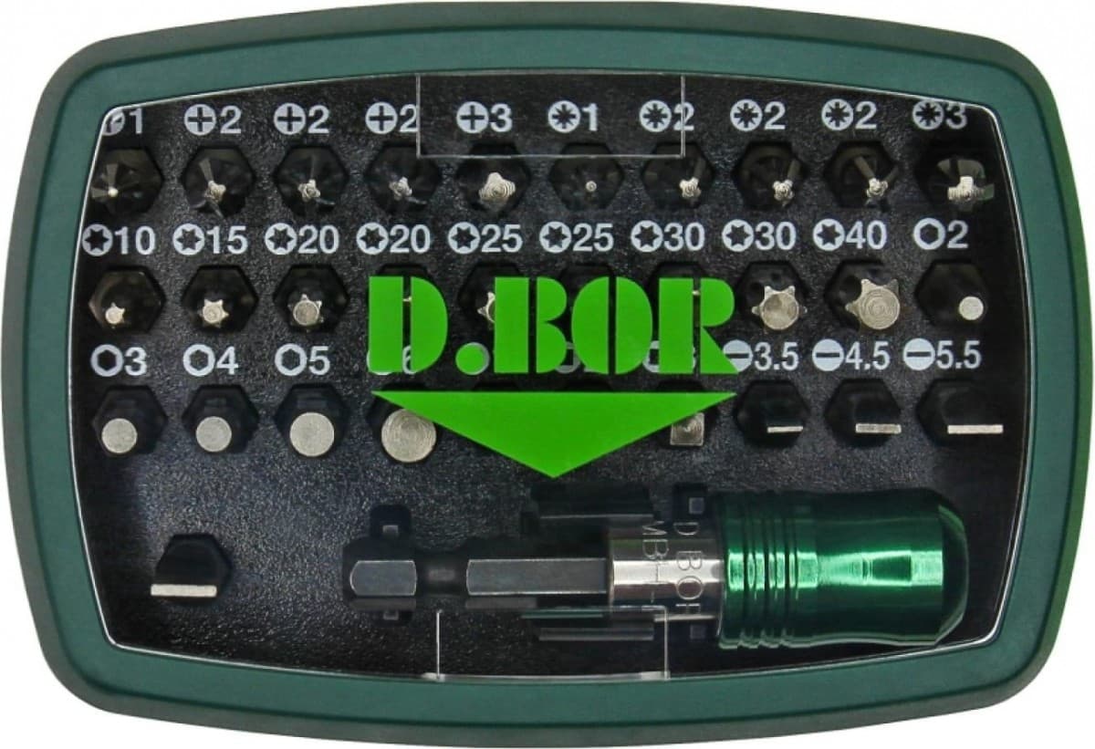 Набор бит из 32 шт: Ph 1-2-2-2-3; Pz 1-2-2-2-3; Sl. 3,5-4,5-5,5-6,5; T 10-15-20-20-25-25-30-30-40; HEX 2-3-4-5-6; Sq 1-2-3; магнитный держатель QUICK LOCK 60 мм 
(арт. D-SET-32B-1) "D.BOR"