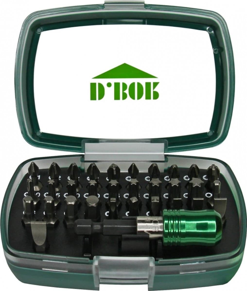 Набор бит из 32 шт: Ph 1-2-2-2-3; Pz 1-2-2-2-3; Sl. 3,5-4,5-5,5-6,5; T 10-15-20-20-25-25-30-30-40; HEX 2-3-4-5-6; Sq 1-2-3; магнитный держатель QUICK LOCK 60 мм 
(арт. D-SET-32B-1) "D.BOR"